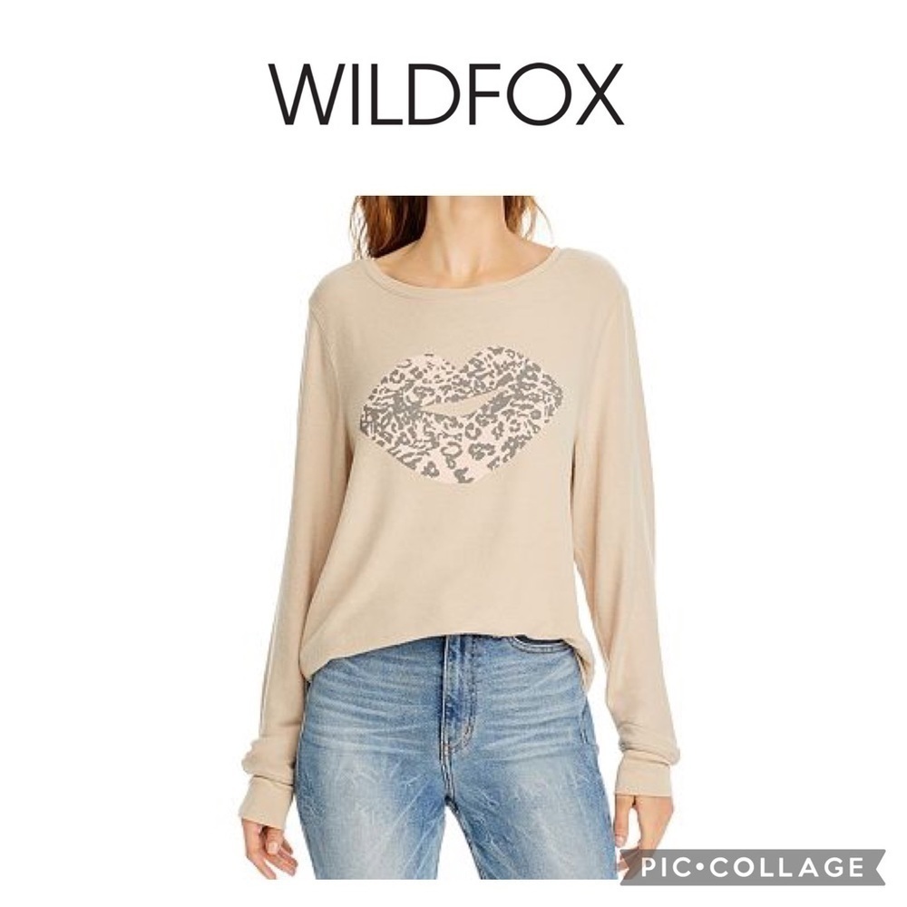 Wildfox Leopard Print Lips kiss pullover Sweatshirt beige XS NWT